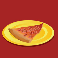 tomato pizza, yellow plate, red background