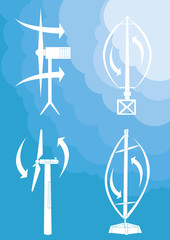 Wind driven generators, turbines over blue sky, vector