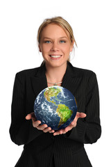 Young businesswoman holding the earth