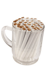 Cup with cigarettes isolated on white with clipping path