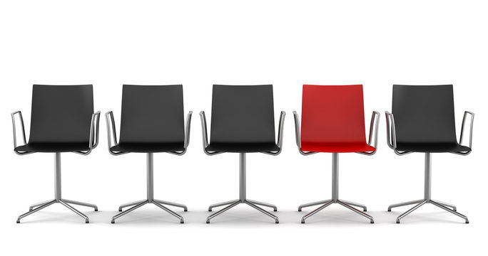 Red Office Chair Among Black Chairs Isolated On White Background