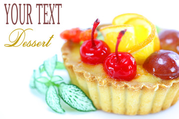 Cupcake with jelly and fruits over white