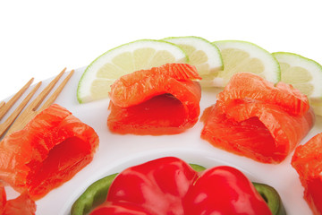 fresh salmon slices on white