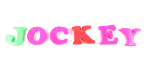 jockey written in fridge magnets on white background