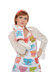 expressions. Beautiful cooking woman in apron and kitchen glove