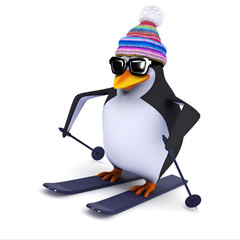 3d Penguin skiing the slopes in his wooly hat