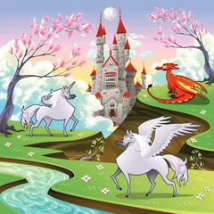 Abwaschbare Fototapete Schloss Pegasus, Einhorn und Drache in einer mythologischen Landschaft
