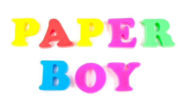 paper boy written in fridge magnets on white background