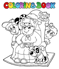 Coloring book with grandma and kids