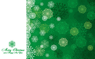 Green Christmas card with snowflakes, vector illustration