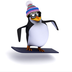 3d Penguin goes snowboarding