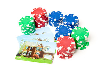 Poker Chips House Playing Cards on White Background Gambling The