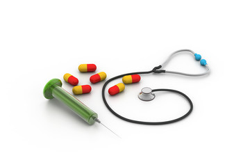 3d rendering stethoscope, syringe and pills