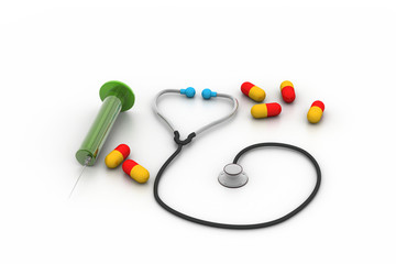 3d rendering stethoscope, syringe and pills