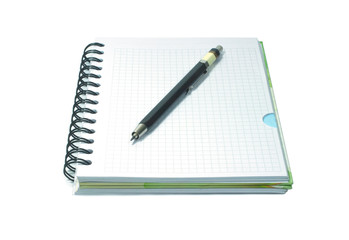 Notebook and black mecanical pencil isolated on white
