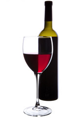 Glass of red wine and bottle over white background