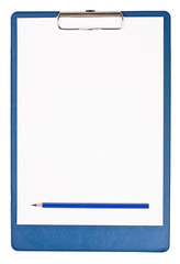 Blank clipboard isolated on white with blue pencil