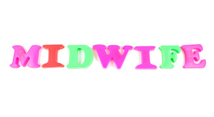 mid wife written in fridge magnets on white background