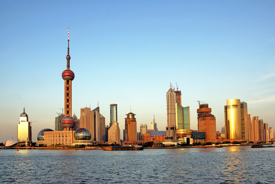 China Shanghai the huangpu river and Pudong skyline at sunset.