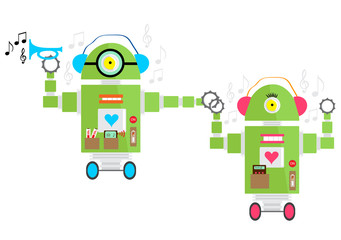 Fototapeta premium Cute green robot girl and boy dancing with music vector
