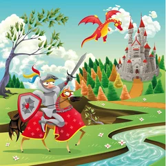 Photo sur Plexiglas Chateau Panorama avec château, dragon et chevalier. Illustration vectorielle