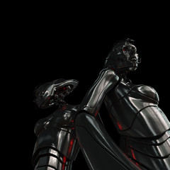 Naklejka premium Unusual futuristic metal cyborg woman - bottom view