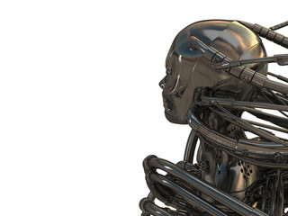 3d wired metal robot in profile isolated on white