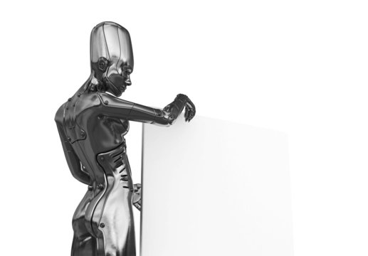 Silver futuristic woman with big board