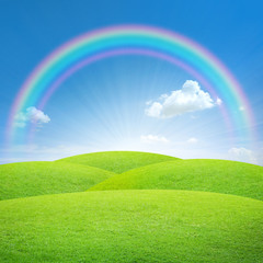 Obraz na płótnie Canvas Zielone pole z błękitne niebo i tęcza doskonałej