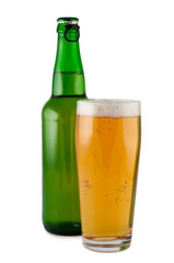 Beer, bottle, glass, isolated on white background clipping path.
