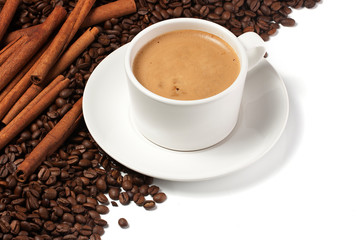 cappuccino coffee beans and cinamon on white background