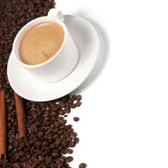 cappuccino coffee beans and cinamon on white background