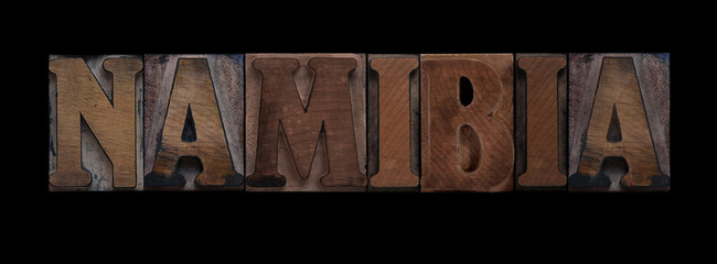 the word Namibia in old letterpress wood type
