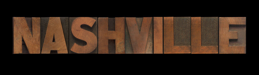 the word Nashville in old letterpress wood type - obrazy, fototapety, plakaty