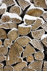 Stack of cut firewood in the snow