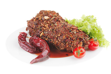 grilled beef spiced on white