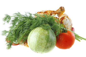 fat spiced chicken with raw vegetables