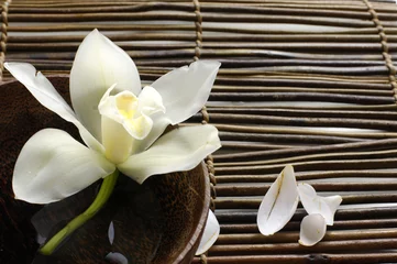 Fototapeten Schale mit Orchidee, Blütenblatt auf Bambusmatte © Mee Ting