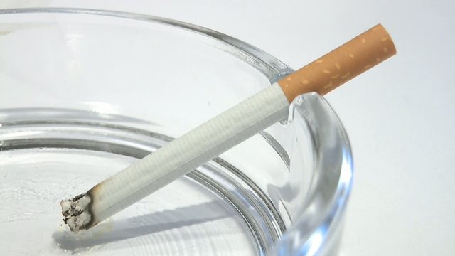 Zigarette im Aschenbecher brennt im Zeitraffer ab - Wei&szlig;