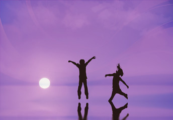 Obraz na płótnie Canvas Silhouette of 2 children jumping
