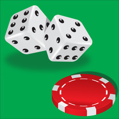 Two dice and red poker chips