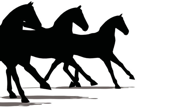 Three horses run, black on white.