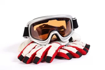 Fotobehang ski snowboard goggles with gloves isolated on white background © Egor Dranichnikov