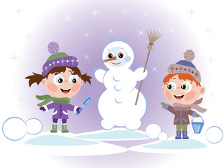 Childrens with  snowman