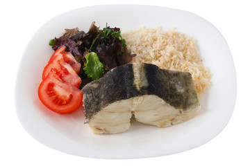 boiled codfish with rice, tomato and salad