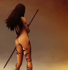 Foto op Plexiglas painting of a tattooed ancient Pagan Woman hunter © Aaron Rutten