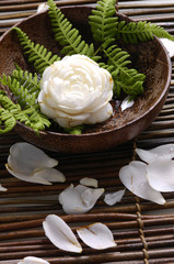 Obraz na płótnie Canvas White camellia in a wooden bowl ,leaf on bamboo mat