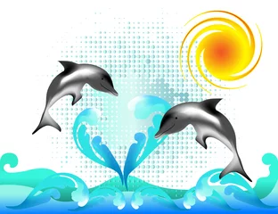 Papier Peint photo autocollant Dauphins Deux dauphins dans les vagues de la mer