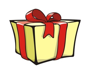 The yellow present box with red bow