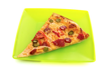 Tasty Italian pizza on green plate over white